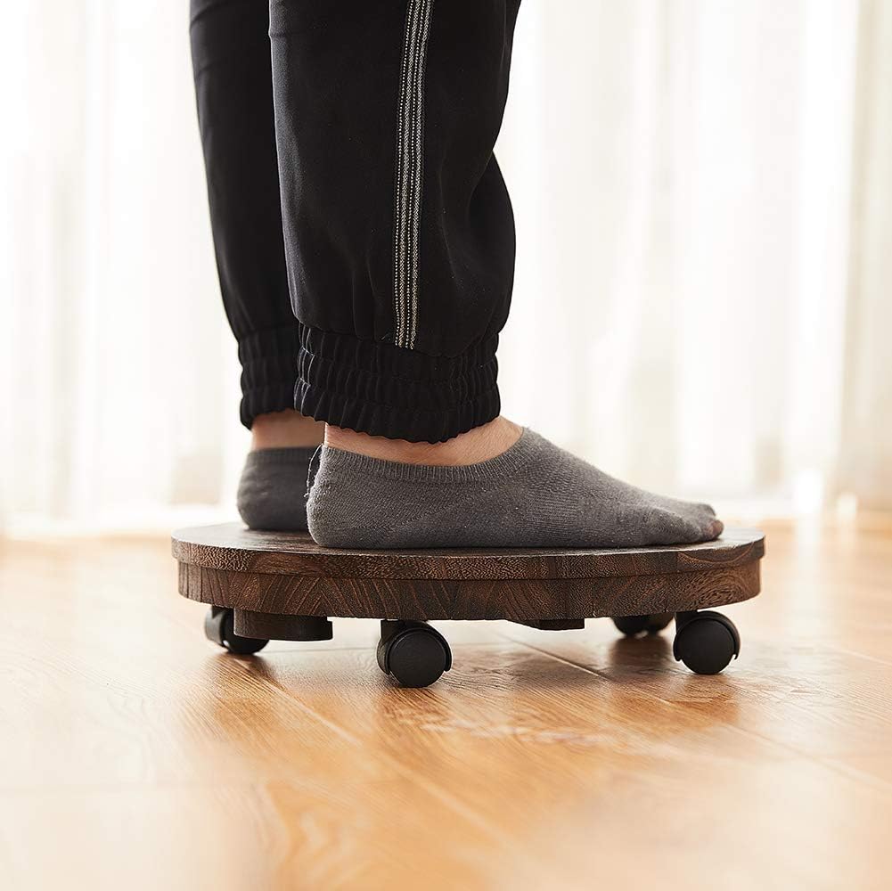 Wood Plant Caddy, Heavy Duty Rolling Planter Dolly With Rotating Casters, Movable Flower Pot Stand, Round Plant Rack With Lockable Wheels (10 Inch)