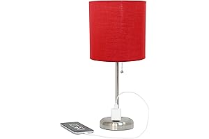 Simple Designs Red Drum Fabric Charging Outlet Stick Table Lamp Set