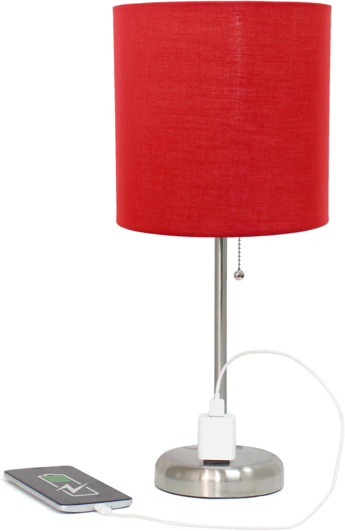Simple Designs LT2024-RED Brushed Steel Stick Table Desk Lamp with Charging Outlet and Drum Fabric Shade, Red Shade