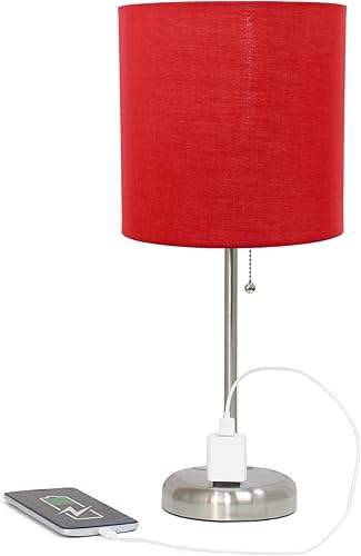 Miniatura 3 de LimeLights LT2024-RED-LB Lámpara de escritorio de acero cepillado de 19.5 pulgadas con salida de carga y pantalla de tela de tambor para sala de