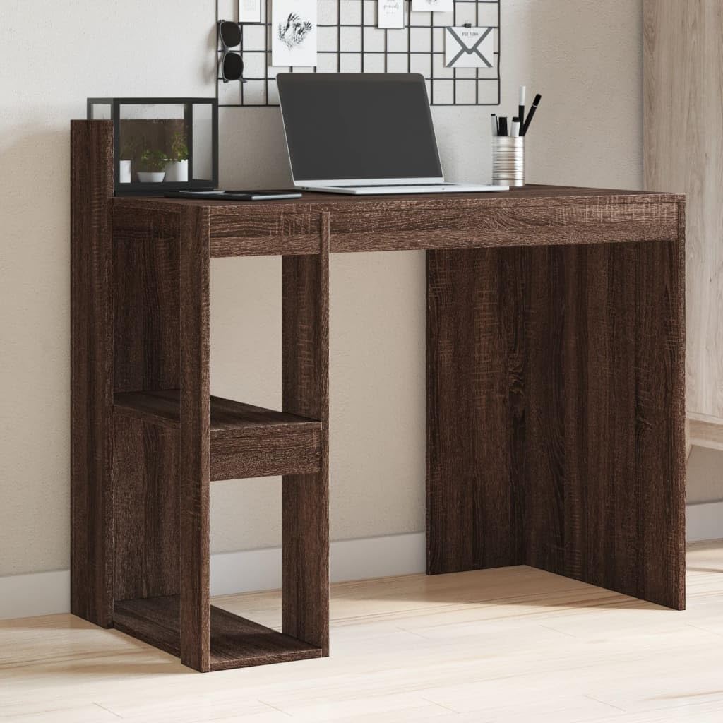 Scrivania rovere marrone in legno multistrato 103,5x56,5x94 cm con ripiani, design salvaspazio per ufficio, studio, smartworking, postazione computer e gaming