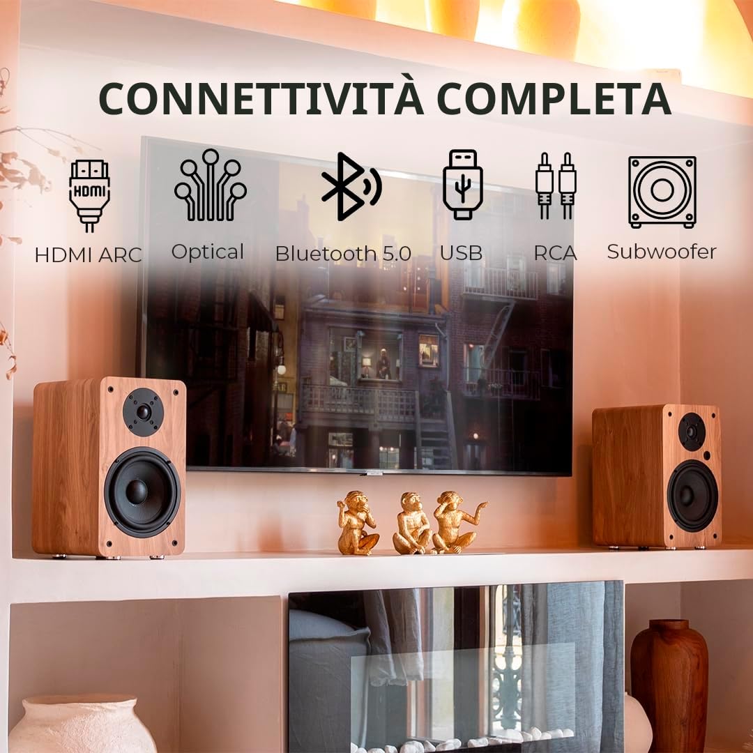 VULKKANO A6 ARC Cassa Amplificata con Woofer da 6,5", Bluetooth 5.0, HDMI ARC, Optica, RCA, USB, con Uscita Subwoofer, Casse Monitor HiFi per Home Cinema, Colore Nero