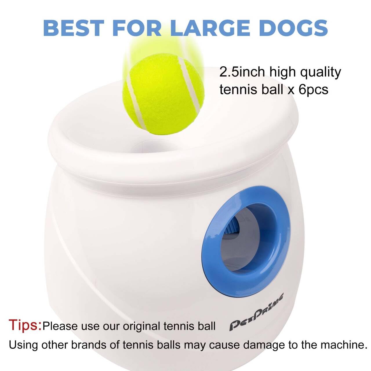 Pet Prime Lanzador automático de pelotas para perros para razas grandes, juguete interactivo recargable con 10-40 pies, máquina de búsqueda con 6 pelotas de tenis duraderas de 2.5 pulgadas y silbato