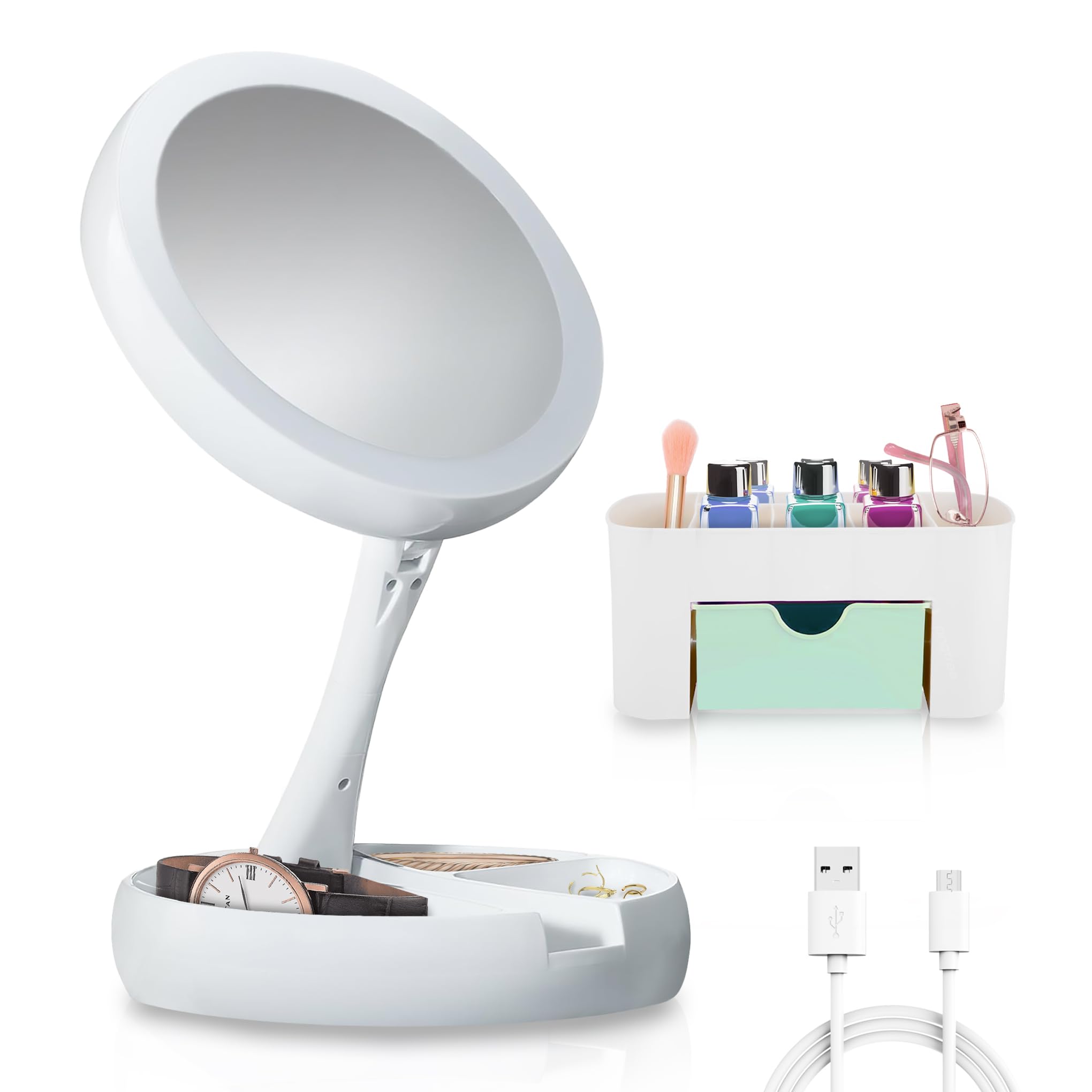 VITALIF Espejo Maquillaje con Luz LED y Aumento 10X, Redondo y Plegable con Caja organizadora de cosméticos y Joyas, Espejo Giratorio y portátil Ideal para Viajes.