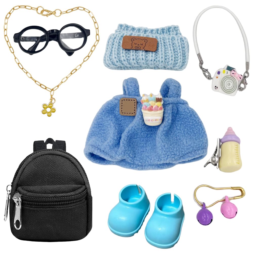 10-Piece Doll Accessories Set, 6.7 Inch(17 cm) Doll Clothes with Backpack, Shoes, Beanie, Glasses, Multiple Colors Available Outfit (Blue)