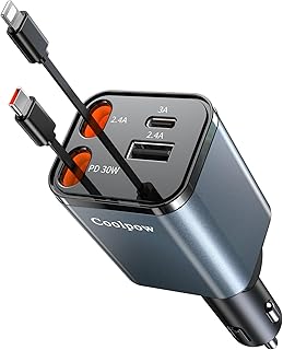 Coolpow 4 in 1 Cigarette Lighter USB C 【69W Car Charger】 Car Adapter【Retractable Charging Cable】 Car Mobile Phone Chargers Travel Adapter Car Charger USB C/Type C Cable for iPhone 16 Pro Max Plus