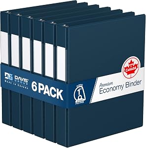 Premium Economy 1-Inch Binder, 3-Ring Binder for School, Office, or Home, Colored Binder Notebook, Pack of 6, D Ring, Navy Blue