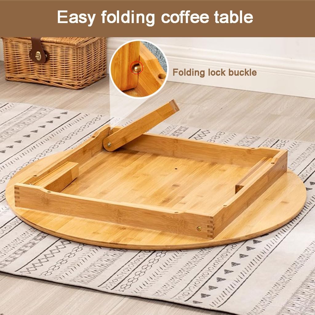 Round Japanese Style Small Table with Foldable Legs - Bamboo Coffee Low Table for Drinking Tea, Bay Window, Tatami, Outdoor, Bed Computer Dining Kang Floor (31.5 * 11.8in)