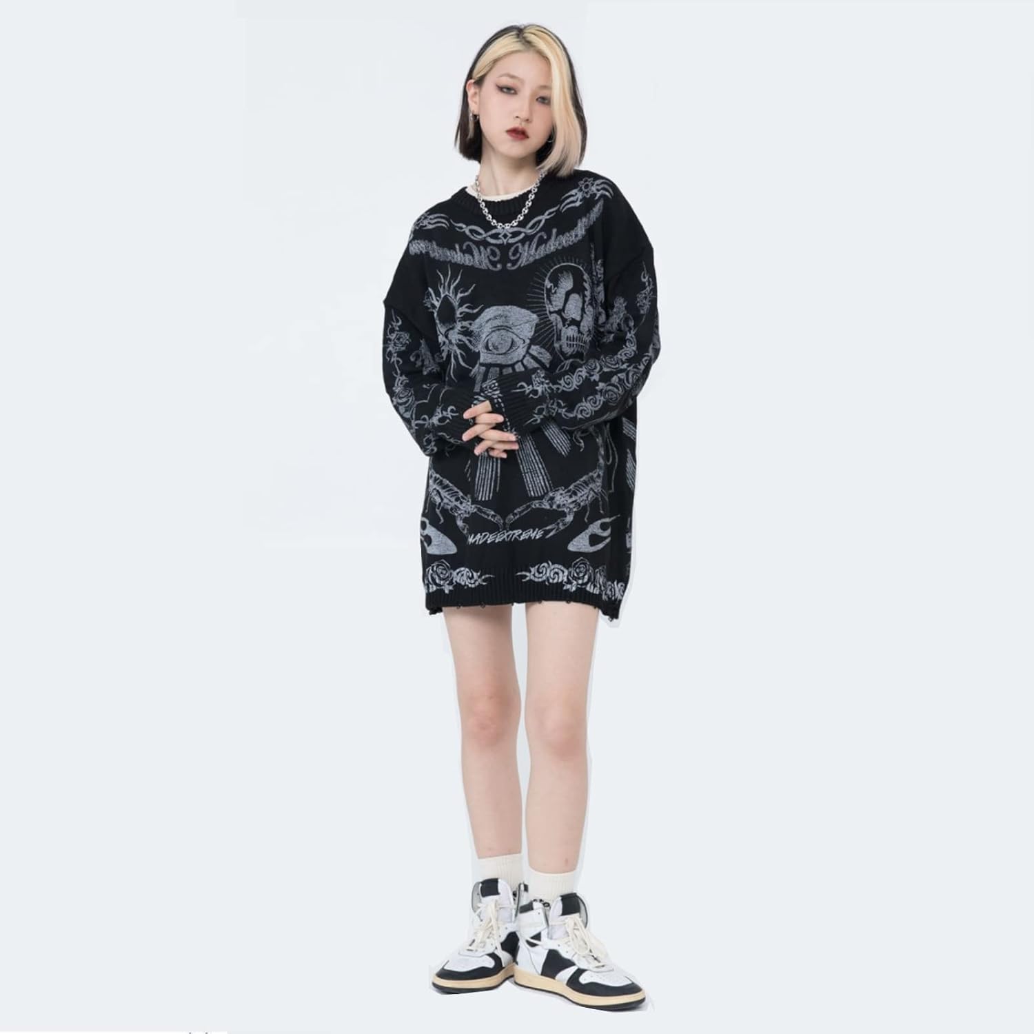 Harajuku Retro Street Sweater Gothic Skull Eye Sweater Printed Hip Hop Oversized Pullover Sweater Long Sleeves