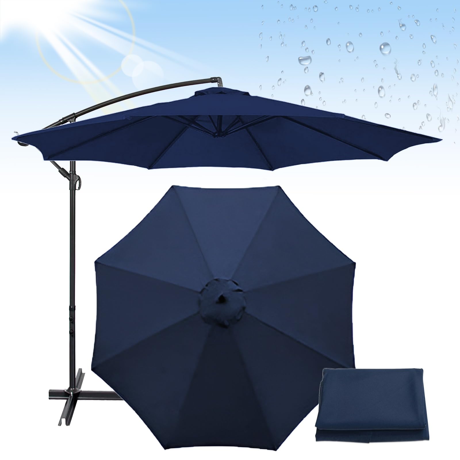 200cm/270cm/300cm +6 Arms/8 Arms Parasol, Outdoor Table Umbrella Fabric Canopy Cover, Replacement Umbrella Canopy for Garden Patio Yard Beach Pool Market Table(Navy Blue,(8Rib) 3.0m/118in)