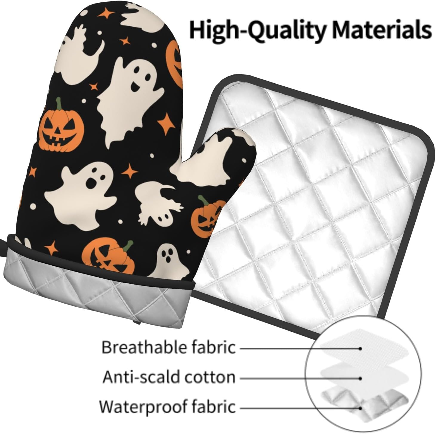 Halloween Pumpkin Ghost Oven Mitts and Pot Holders Sets Orange Black Spooky Lantern Heat Resistant Kitchen Oven Gloves Hot Pads 2 Pack Set for Fall Holiday Cooking Baking Grilling BBQ