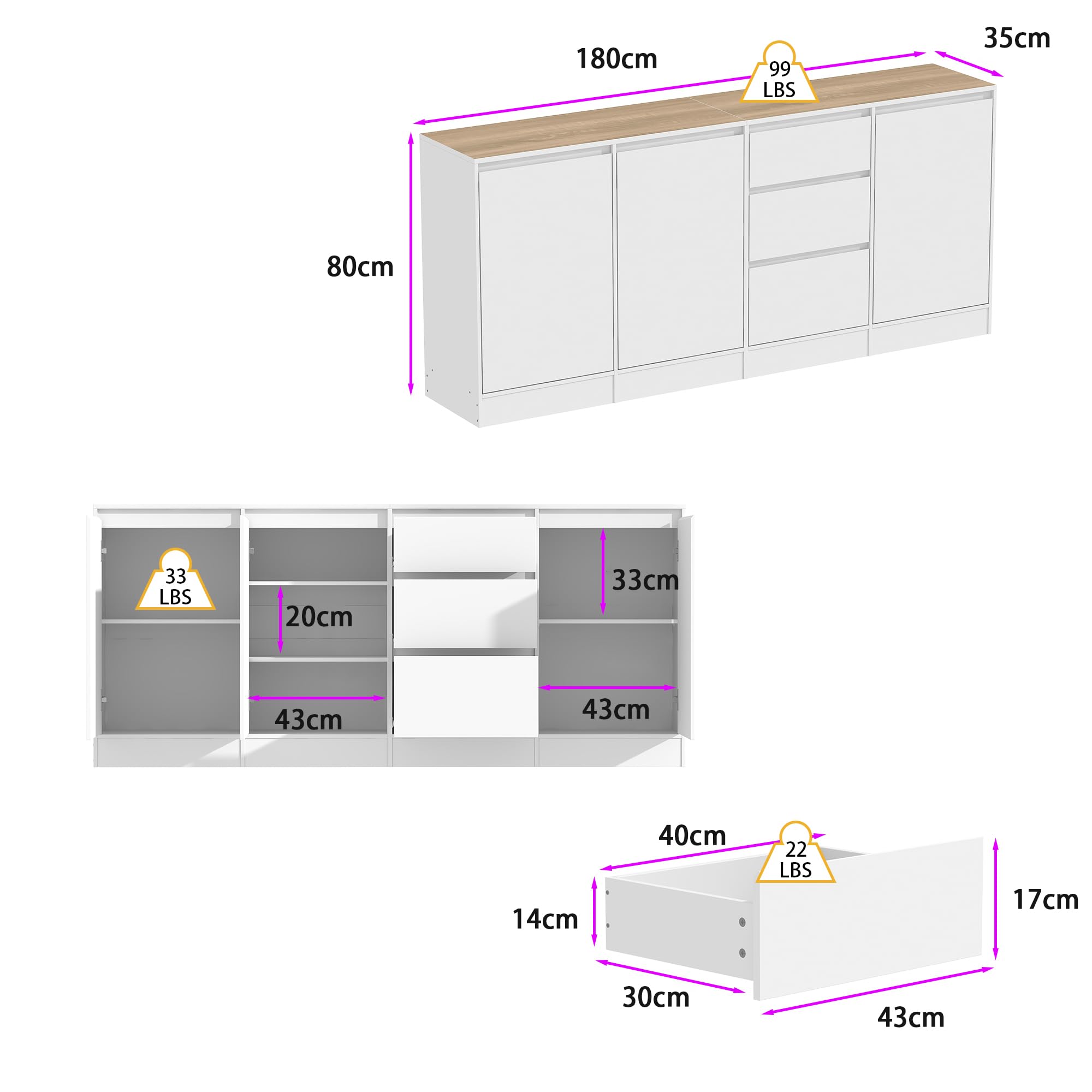 Mobile da 3 ante e 3 cassetti, credenza, credenza con ripiani, comò, armadio multifunzionale per la conservazione, per soggiorno, cucina, corridoio, 80 x 180 x 35 cm, MDF, bianco