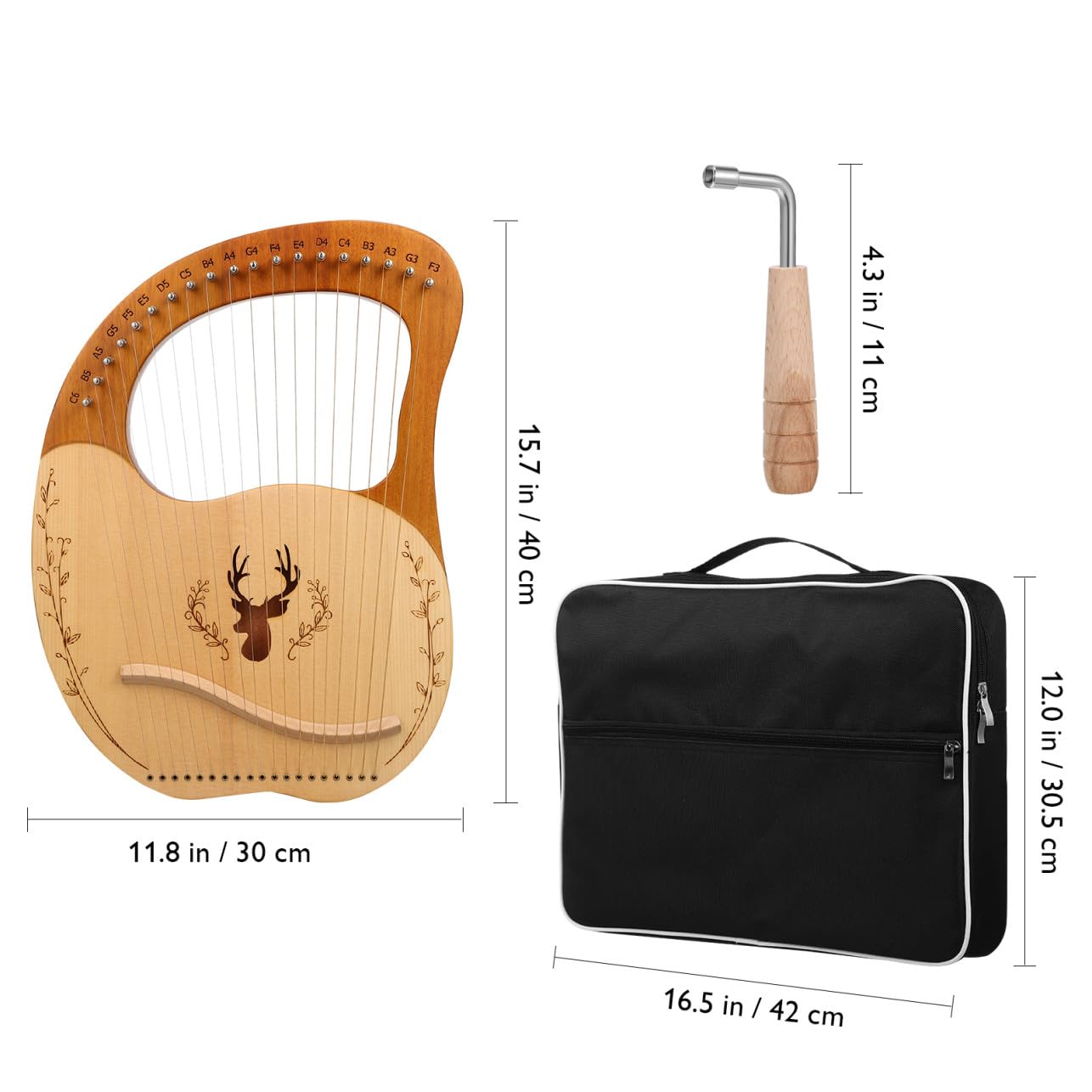 TOYANDONA Set di Lira a 19 Corde e Borsa, Strumento Musicale per Principianti in Legno con Chiave di Accordatura con Bordi Arrotondati e Effetto Fischio Continuo