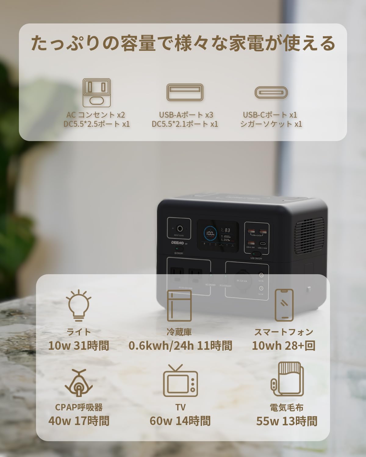 Amazon.co.jp: DEENO GT S600 ポータブル電源 268.8Wh 高耐久リチウム 