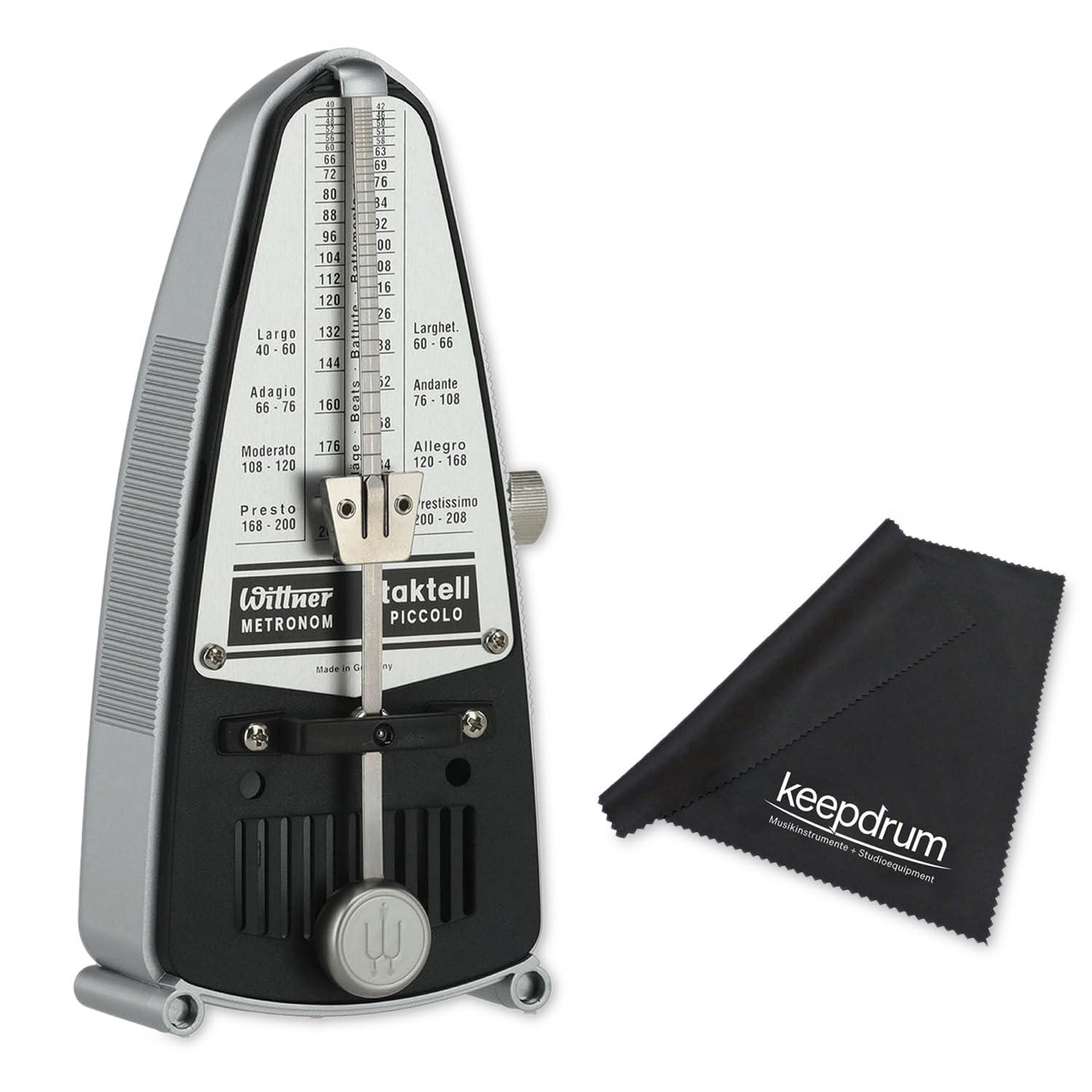 Wittner mechanisches Metronom 838 Taktell Piccolo silberfarben mit keepdrum Mikrofasertuch