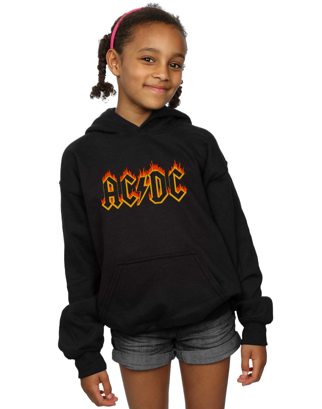 Absolute Cult Girls Black Ac/Dc Flames Logo Hoodie 5-6 Years
