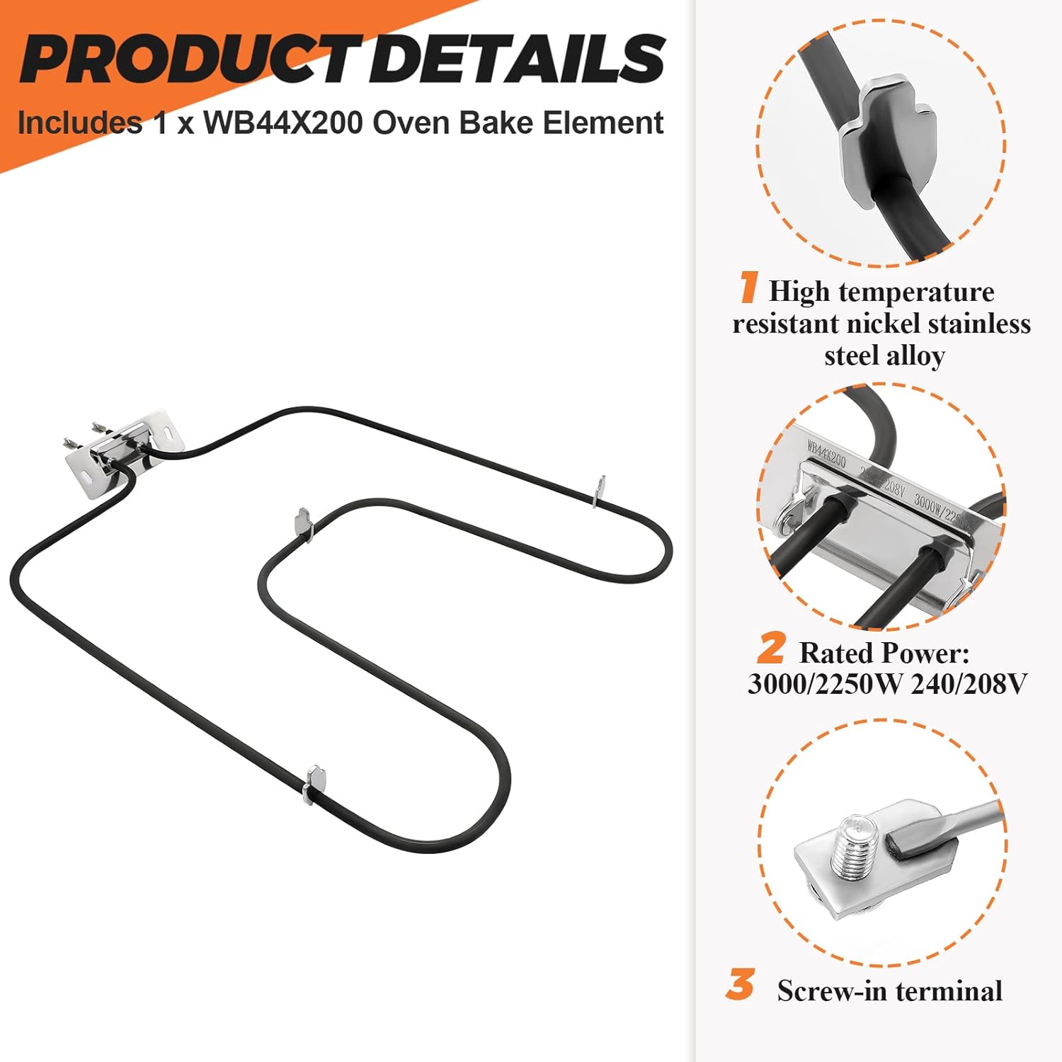 Beaquicy WB44X200 Bake Element Replacement for GE 240V oven element wb44x200 - Suitable for jkp07g*d2, jkp16g*07, jkp16g*d1, jkp16g*d2, jkp16g*h1, jkp16g*j3, jkp16gj4, jkp16gj5,jkp16gj6 and more OVENS