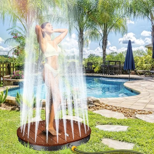 Fiqops Gartendusche Bodendusche WPC Duschplatte 4m Höhenverstellung Aussendusche für Boden Kalt/Warmwasser-Mischer | wasserdichte Pooldusche Mit & Tragetasche | bis 300kg,Garten/Pool/Strand