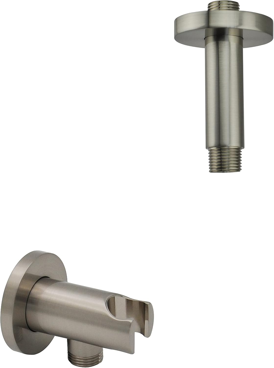 Aquaiaw Shower Arm and Wall Supply Elbow Bundle, 3 inch Ceiling Mount Shower Arm with Anti-Scratch Flange, Wall Union with Handheld Shower Head Holder, Both Solid Brass and PVD Brushed Nickel, Round