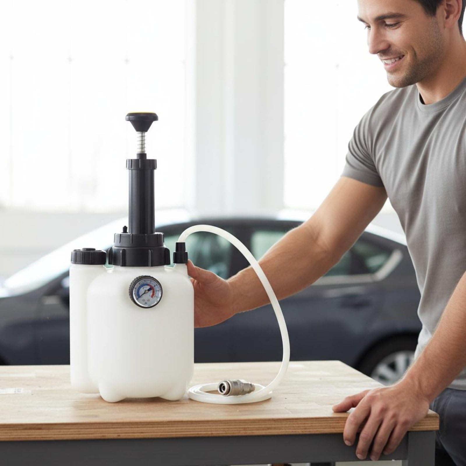 Máquina de Purga de Frenos Adaptadores Incluidos Cambiador Líquido Frenos Diseño Semitransparente Automoción para Mecánicos, Taller, Bomba De Vacío De 3L Con Adaptador De Codo