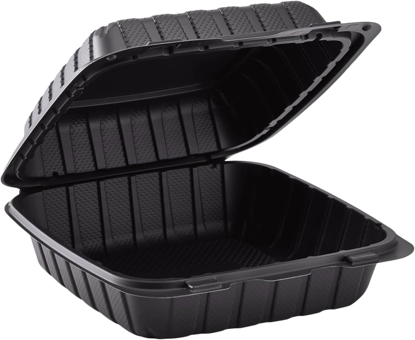 KARAT EARTH Clamshell Take Out Food Containers [8"x8" - 200 ct] To Go Containers | Microwavable, Freezer Safe, Soak-Resistant, Durable, Stackable | Vented for Hot/Cold Foods, Black