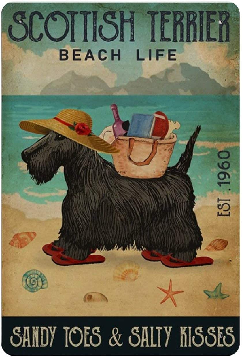 Scottish Terrier Beach Life Metal Tin Sign, Metal Tin Sign Hanging Retro Plaque Kitchen Poster Cafe Bar Pub Store Man cave Art Novelty Designs 12x8inch
