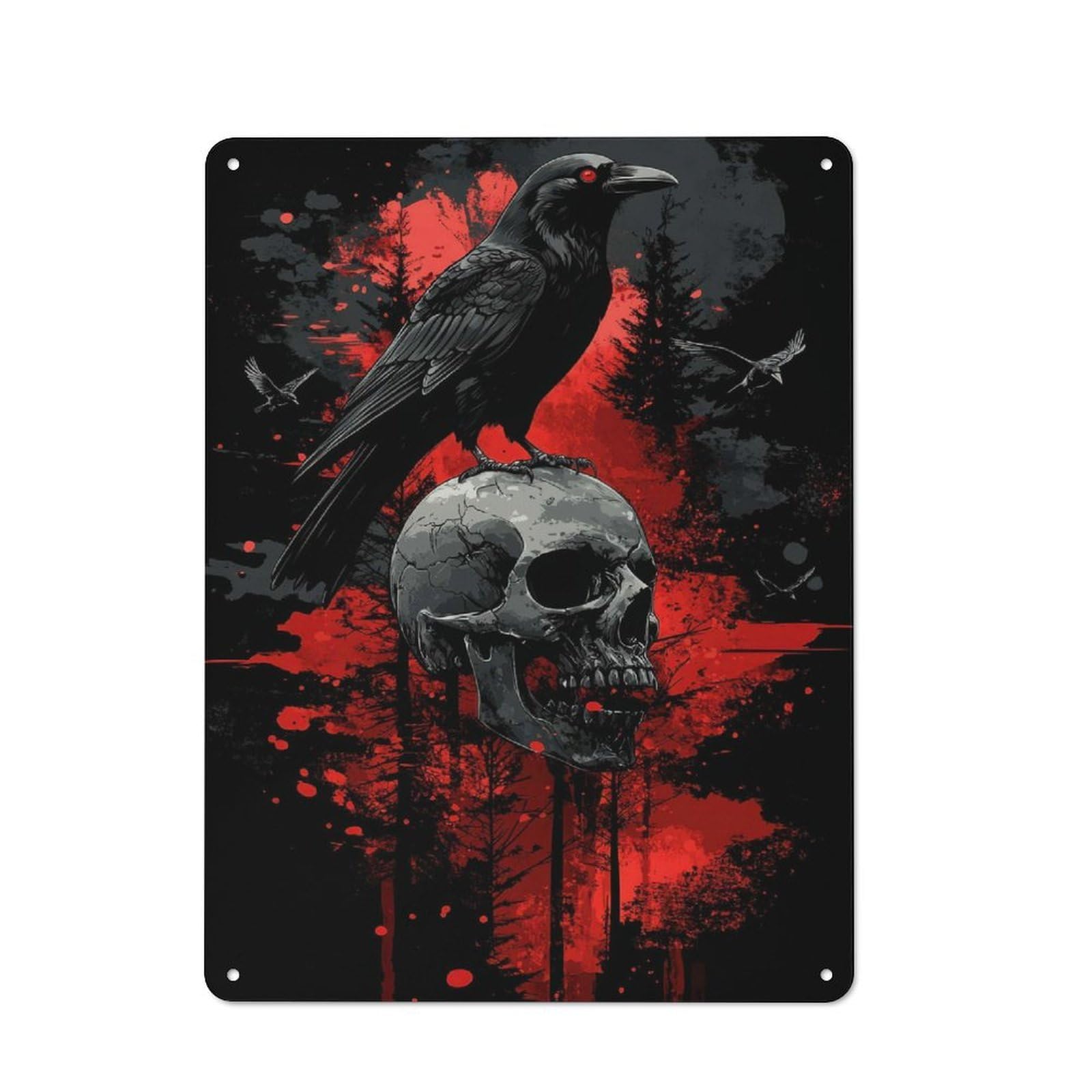 Junmoney Raven On Skull Tin Sign 40X30cm With For Living Room Wall, Rustic Decor, For Living Room Decor Lovers