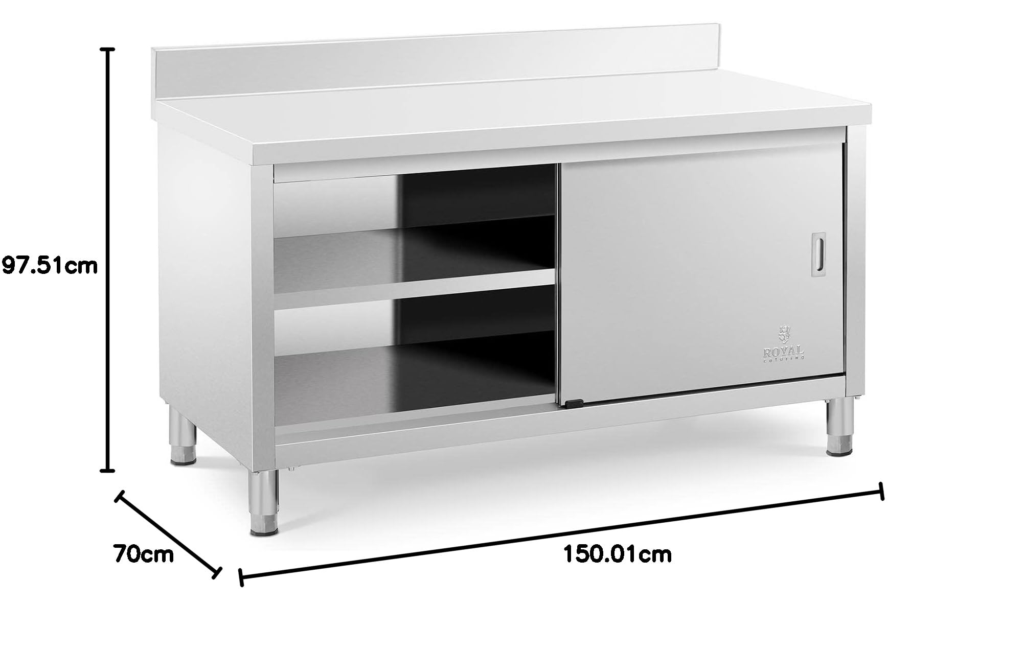 Royal Catering Tavolo Armadiato Acciaio Inox Con Alzatina Banco Da Cucina Porte Scorrevoli RCSSCB-150x70-E-B (150 x 70 cm, 600 kg)