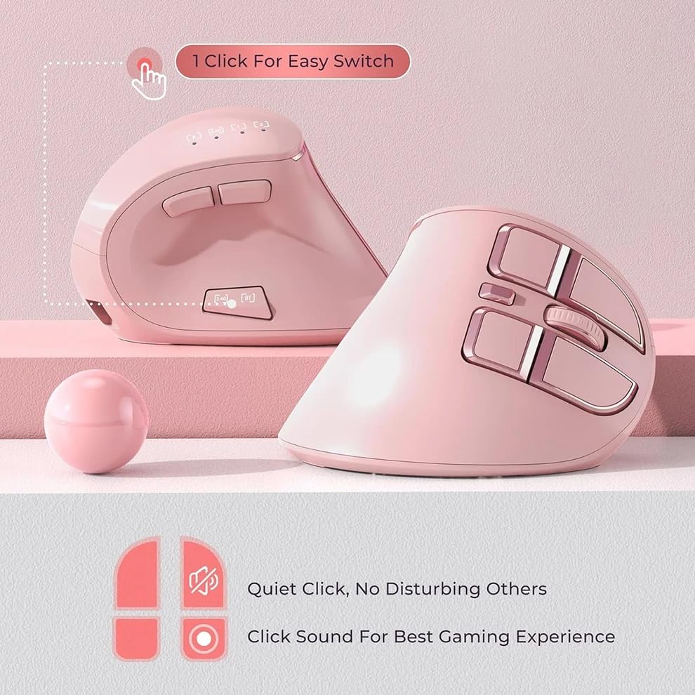 Image of Vertical Mouse, Wireless Ergonomic Optical Mouse (BT 5.0 + Bluetooth 3.0 + USB Connection) with 9 Buttons, Rechargeable Computer Mouse for Wins PC /Laptop, Mac (Pink)