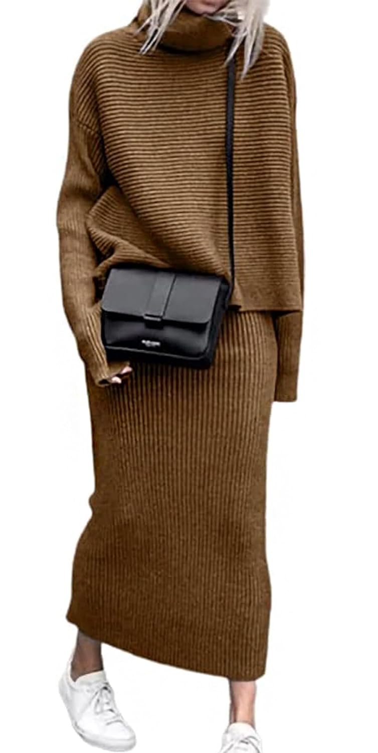 loveimgs Womens 2 Piece Outfits Ribbed Knit Long Sleeve Turtleneck Midi Pencil Skirt Set Casual Two Piece Dress