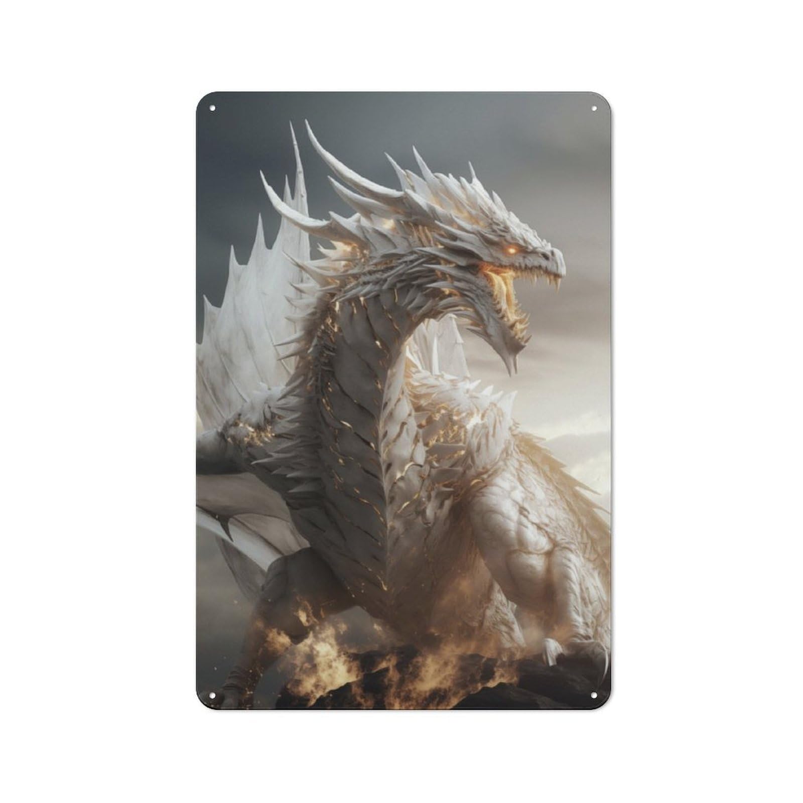 Junmoney White Gold Dragon Metal Plaque 30X20cm With For Garage Wall, Vintage Decor, For Vintage Wall Decor Fans, For Metal Sign Collectors