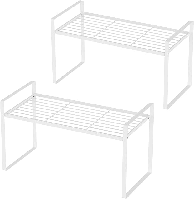 iPEGTOP 2 Pack Countertop Organizer, Cabinet Pantry Storage Shelf, Large Steel Spice Rack Cupboard Stand Space Saving Organization for Kitchen, Bedroom, Bathroom, White