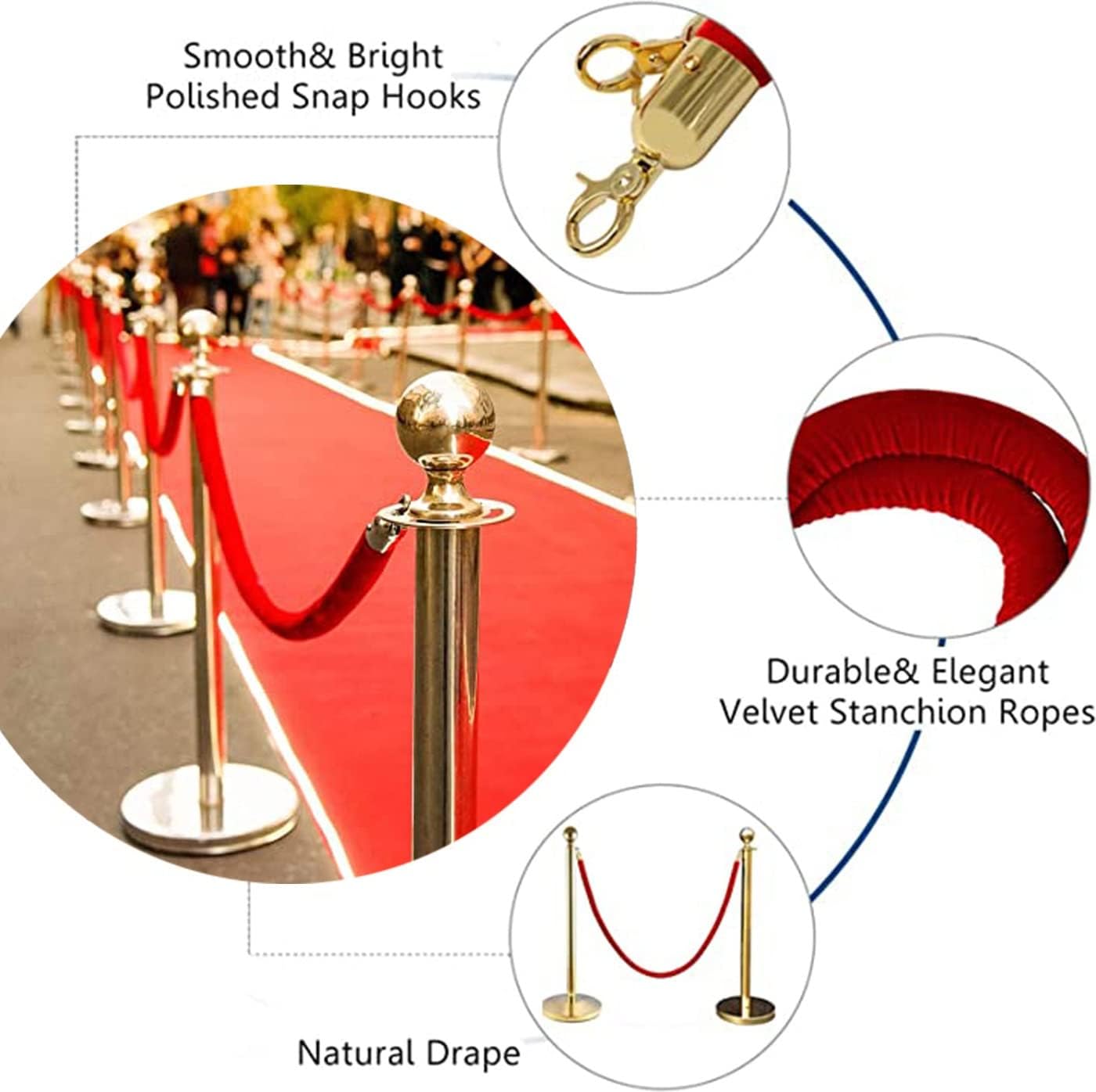 Premium Velvet Stanchion Rope with Gold Plated Hooks - 10ft Crowd Control Barrier Rope for Event Divider, Red Queue Management Solution