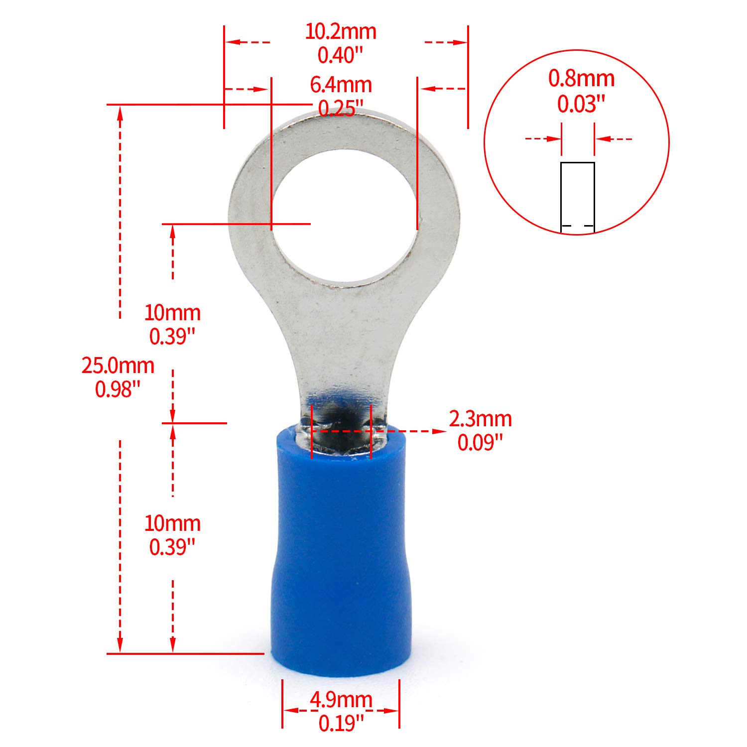 Heschen Zaciskarka pierścieniowa Złącza zaciskowe izolowane winylowe złącze elektryczne RV2-6 Rozmiar sztyftu 1,5-2,5 mm² (16-14 AWG) Niebieski 100 sztuk