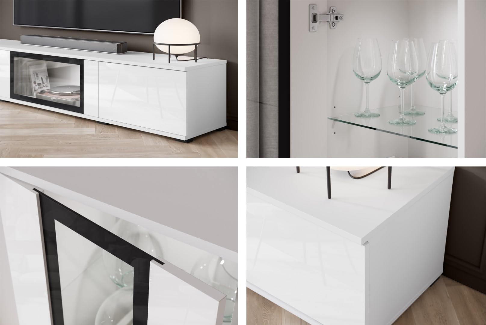 MINIO go for it - Ensemble de Meubles de Salon FARO 4 pièces avec LED | Armoire haute, vitrine, meuble bas avec porte en verre, étagère murale, panneau stratifié, blanc mat / blanc brillant