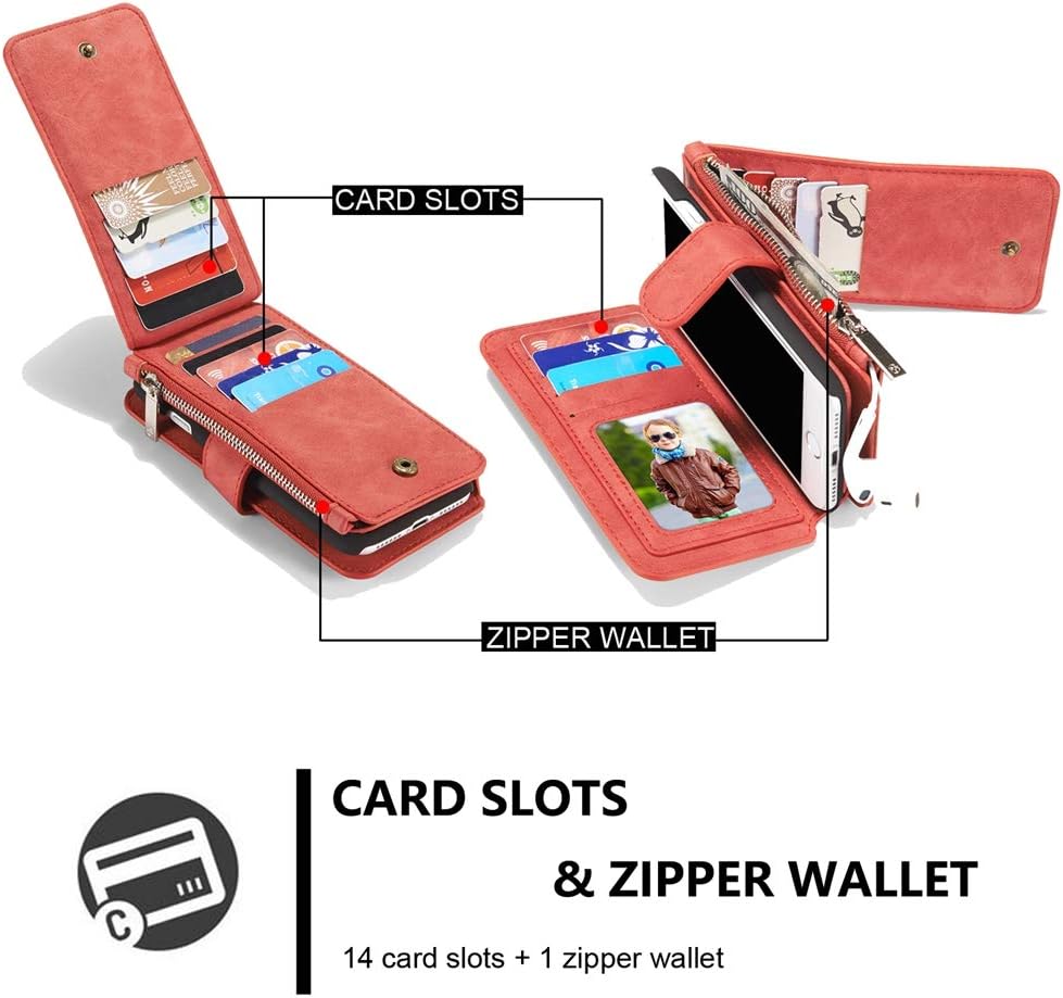 Hynice iPhone 8 Wallet case, iPhone 7 Leather Case, Detachable Magnetic Flip Purse with Kickstand Strap 14 Card Slot Holder Slim Protective Shell Cover for Apple iPhone8/iPhone7 4.7 (14Card-Red)