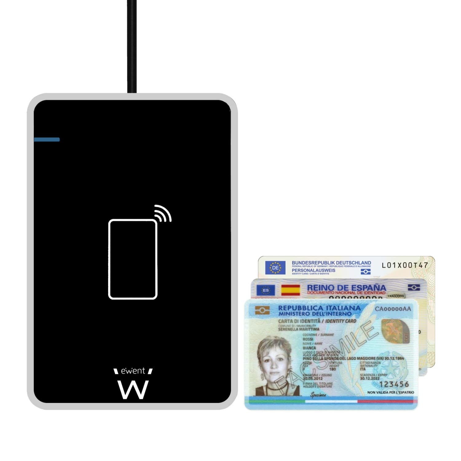 Ewent EW1053 RFID- und NFC Leser für Elektronikausweis CIE 3.0 für den Zugriff auf ANPR, INPS, INAIL, Einnahmen und Standorte der P.A. - Farbe Schwarz