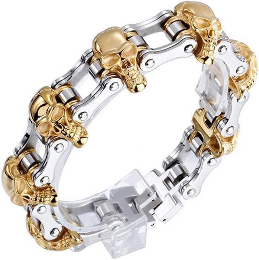 Qiaonitu Heavy Gothic Style Cool Men Stainless Steel Biker Bicycle Motorcycle Chain Skull Bracelet