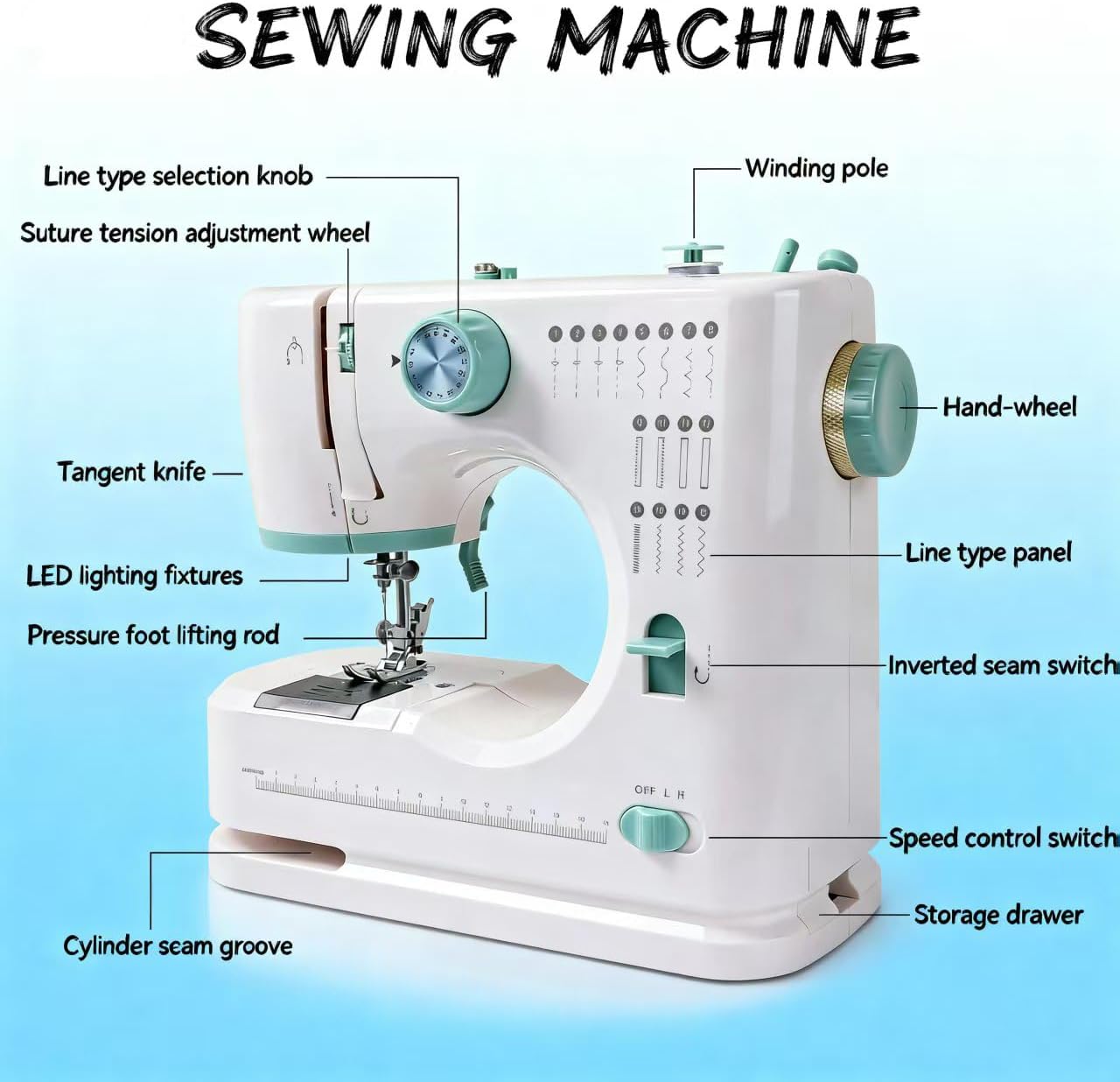Sewing Machine for Beginners Twin Needles Sewing Machines 16 Built-in Stitches with Accessory Kit, Compact Travel Design for Clothing Repairs, DIY Crafting with Foot Pedal