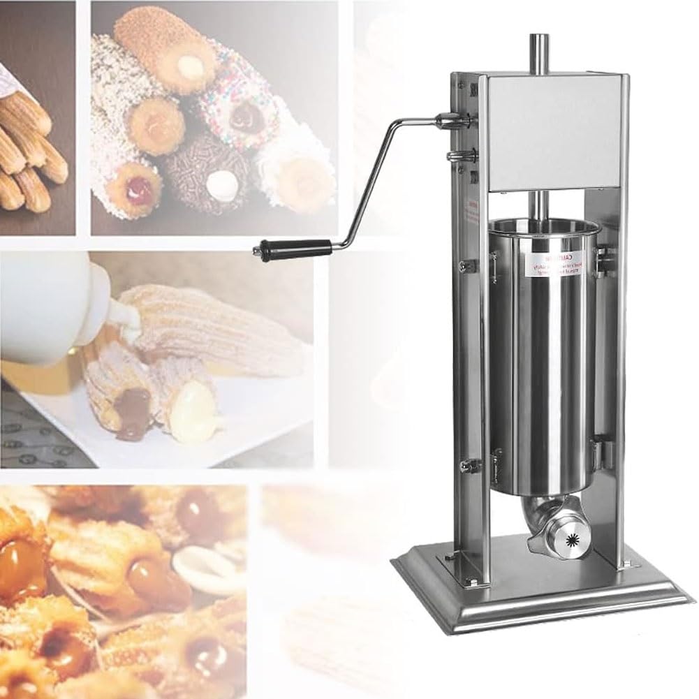 Máquina de churro comercial de tanque de 5 litros – Máquina manual de churrera de acero inoxidable con 4 boquillas, ideal para restaurantes y panaderías – Relleno de salchichas incluido