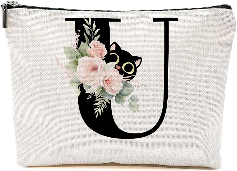 Necessaire de maquiagem CFGBFDGH com estampa floral e gato U, fechamento com zíper