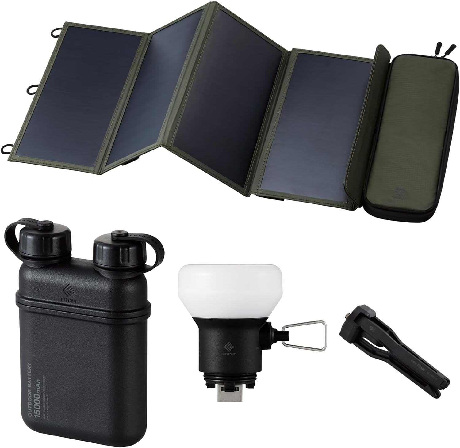 ELECOM NESTOUT 15000mAh Outdoor Power Bank 4-Panel Solar Panel Charger LAMP-1 LED 300 Lumen Soft Lantern - Black