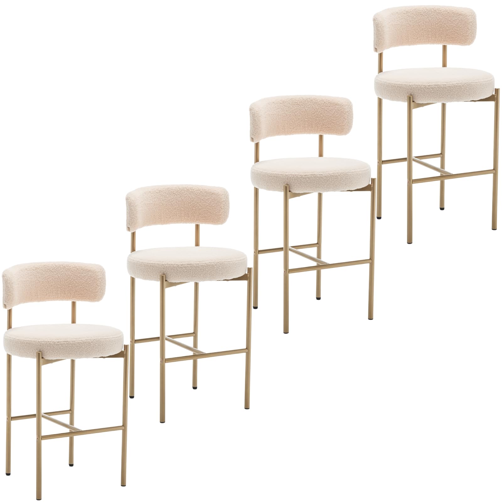 Cinxzar Boucle Bar Stools Set of 4, Beige Counter Height Bar Stools with Backs, Gold Modern Barstools for Kitchen Island, Pub, Club
