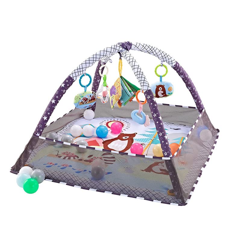 Baby Play Gym for Baby, Baby Play Mat Newborn with Padded Baby Gym Mat for Babies Baby Mat for Floor,5 Hanging Toys and 18 Ocean Balls, Washable Playmats Floor Gyms, Baby Essentials Stuff