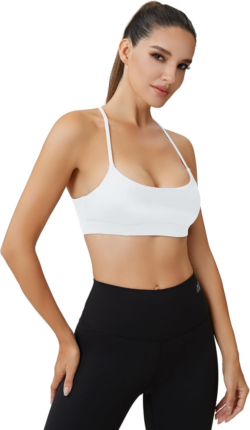 Women's Spaghetti Straps Color Block Halter Sports Bra – Square Neck Cross Back Workout Padded Crop Tops