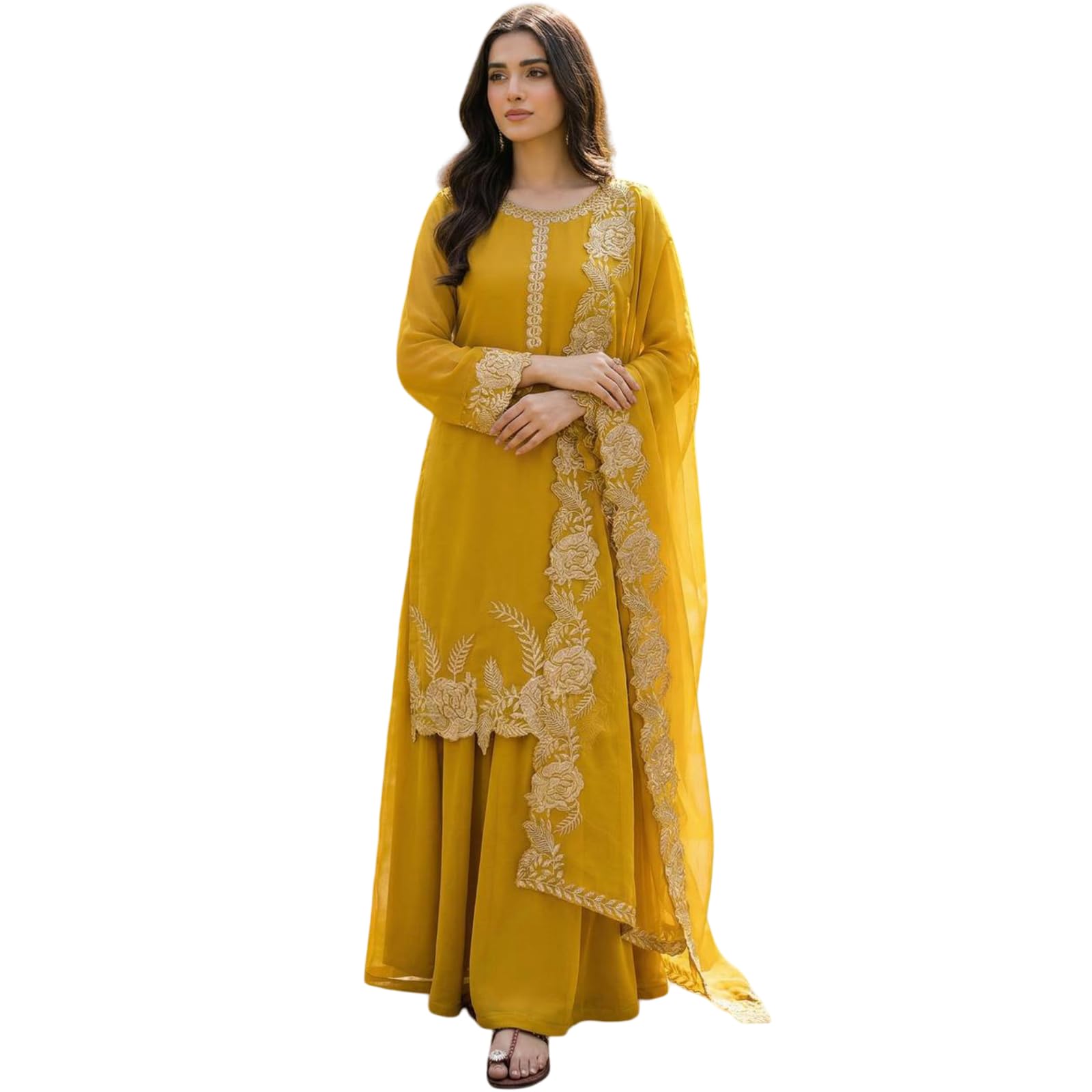 Women’s Embroidered Kurta Sharara Set with Dupatta | Festive Ethnic Wear Suit Set for Women | Full Sleeve Round Neck Traditional Outfit-image-17