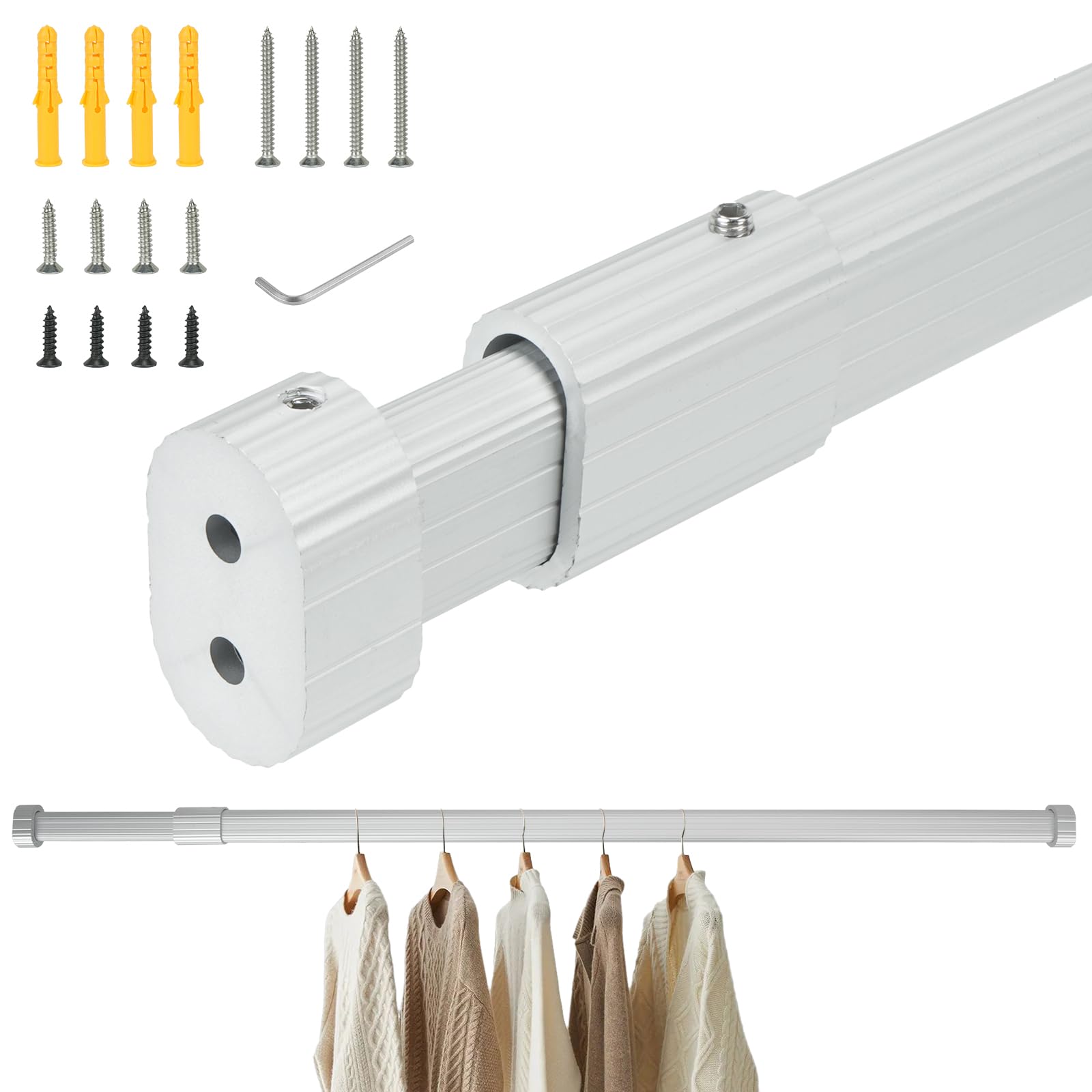 Barra Armario Extensible 70KG de Resistencia Barra para Colgar Ropa Grueso para Armario de Dormitorio Lavandería (Blanco, 42-65cm)