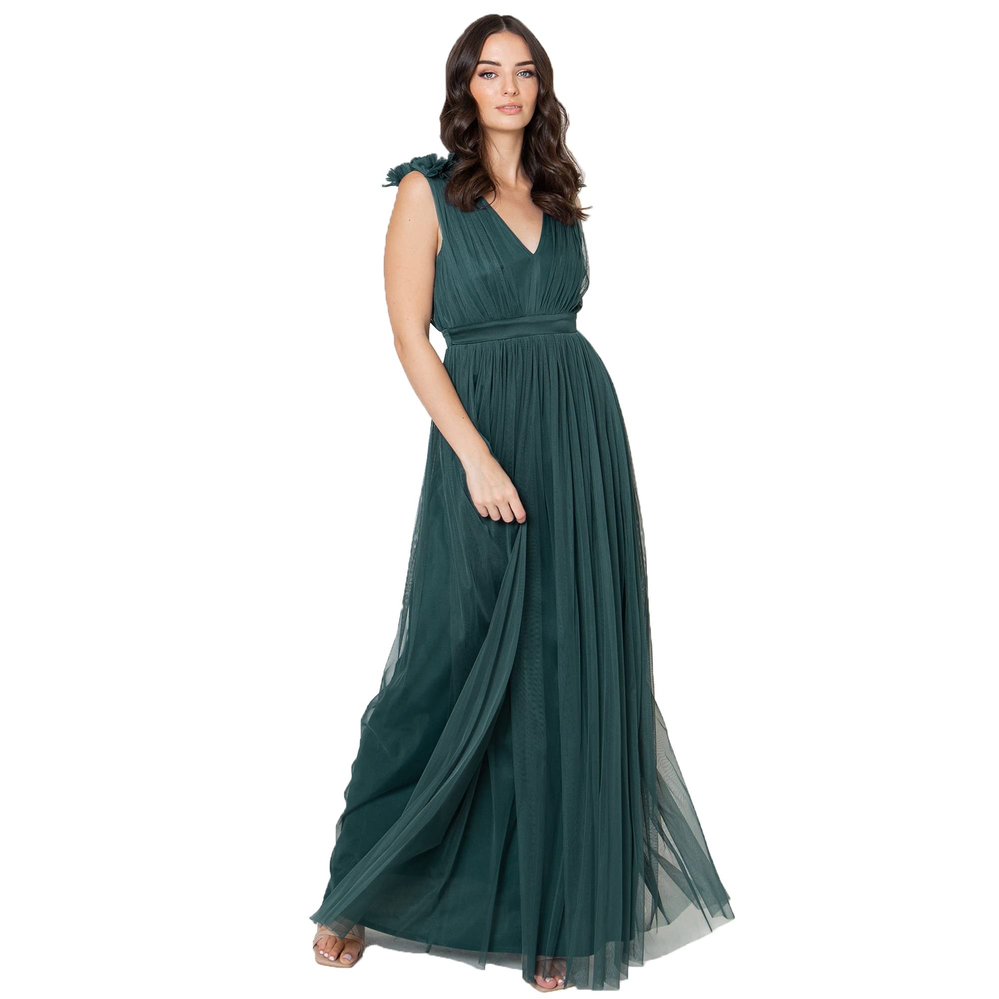 Maya Deluxe Ärmelloses Abendkleid mit Gerafftem V-Ausschnitt & Hoher Taille - Hochzeitsgast Kleid Damen, Tüllkleid Damen