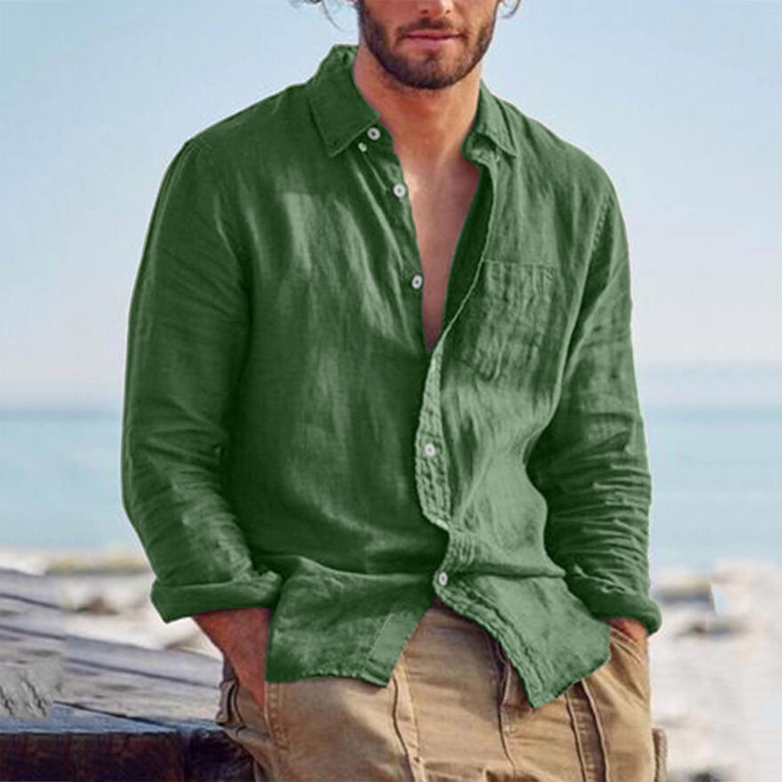 Camiseta para hombre transpirable, camiseta de lino de manga larga con cuello en V, camisa casual para hombre, corte recto abotonado, extensible con botones de corte clásico