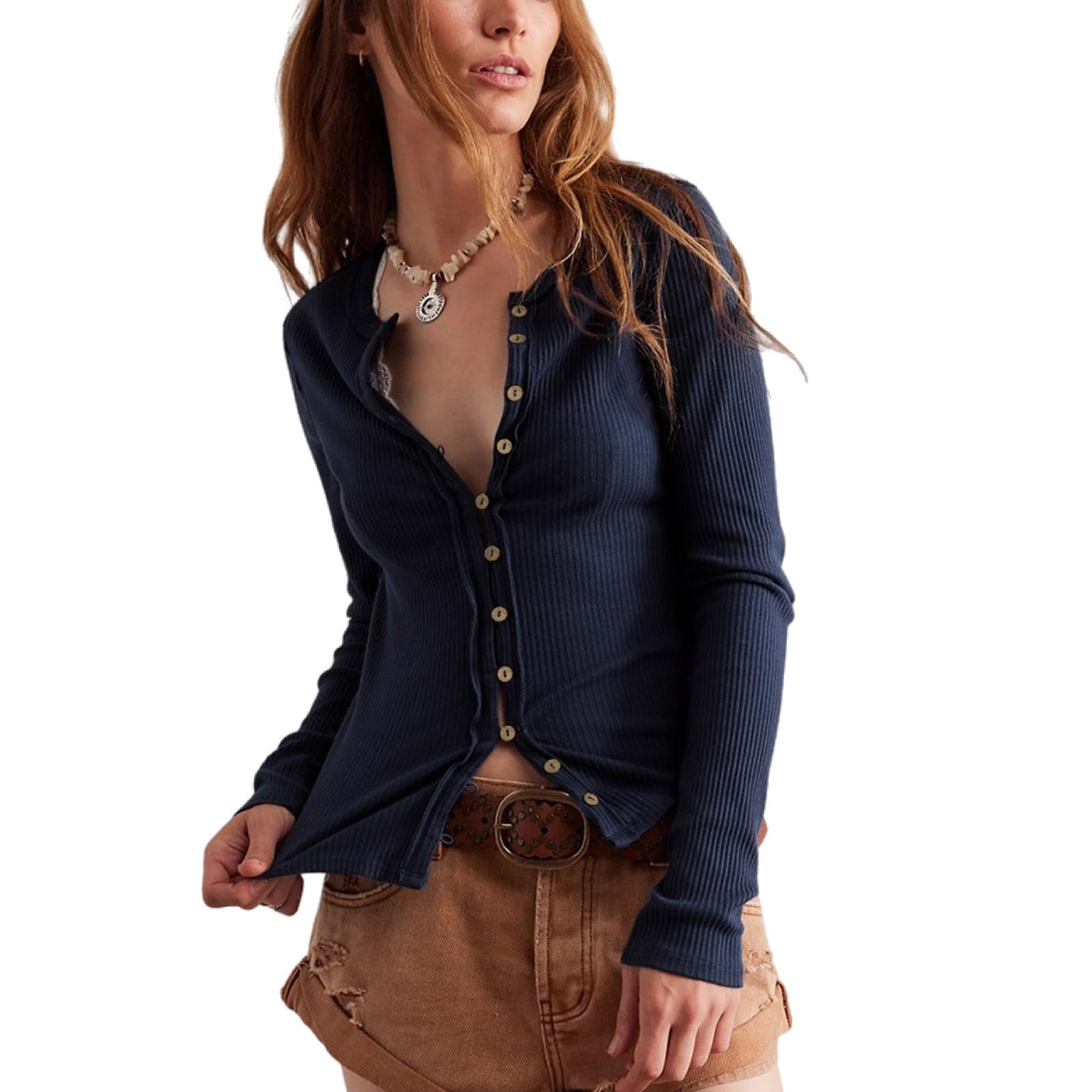 Womens Lightweight Fitted Sweaters Crew Neck Long Sleeve Button Down Ribbed Knit Cardigan